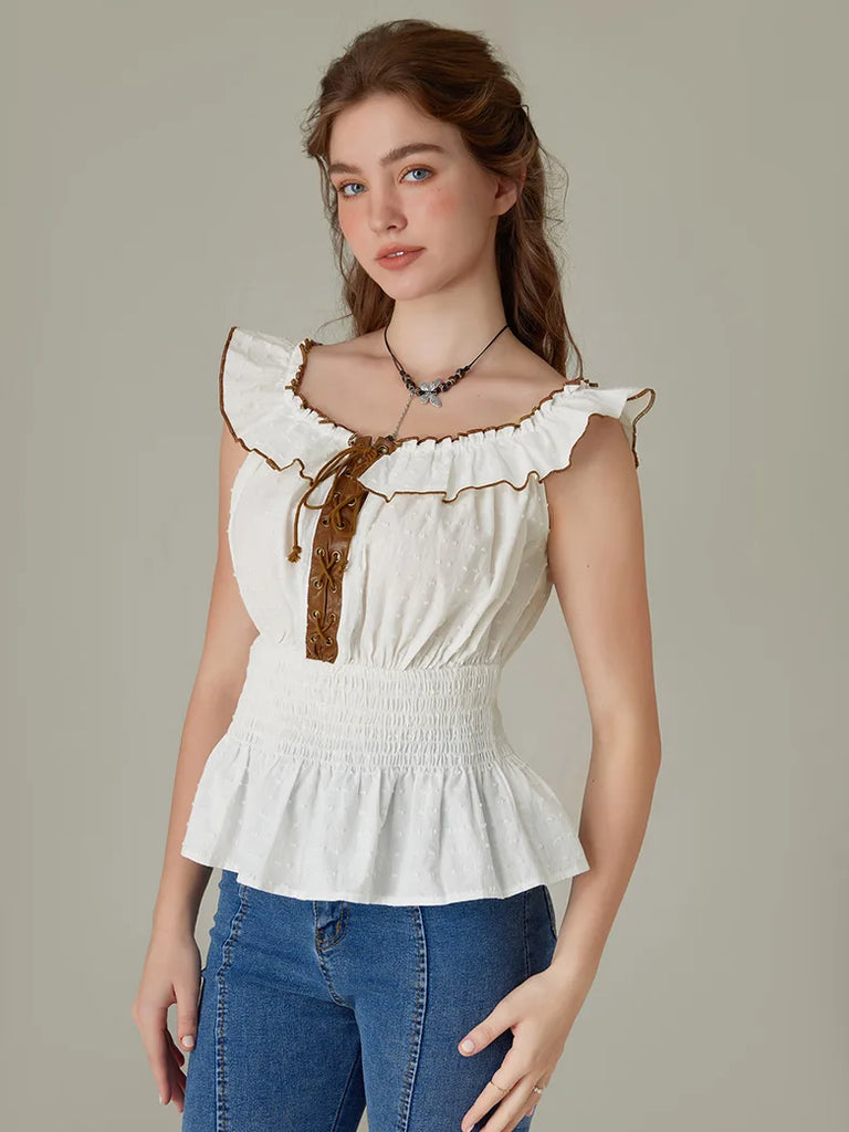 Renaissance Cotton Tops Off Shoulder Smocked Bodice Tops SCARLET DARKNESS