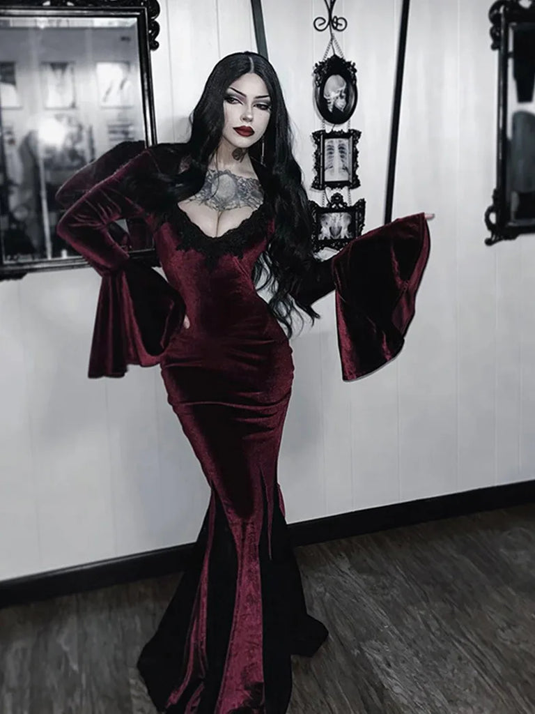 Gothic Wine Gown Velvet Bell-sleeved Lace Rose Patch Bodycon Dress SCARLET DARKNESS