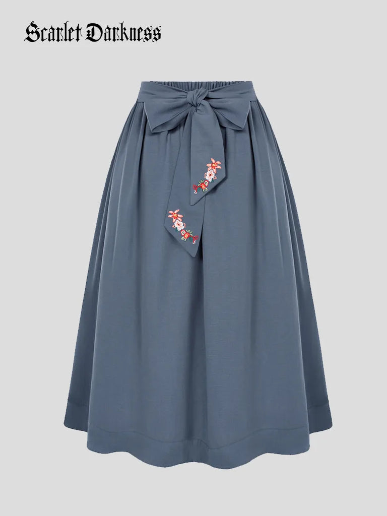 Embroidered Belt Elastic High Waist Flared Skirt with Pocket SCARLET DARKNESS