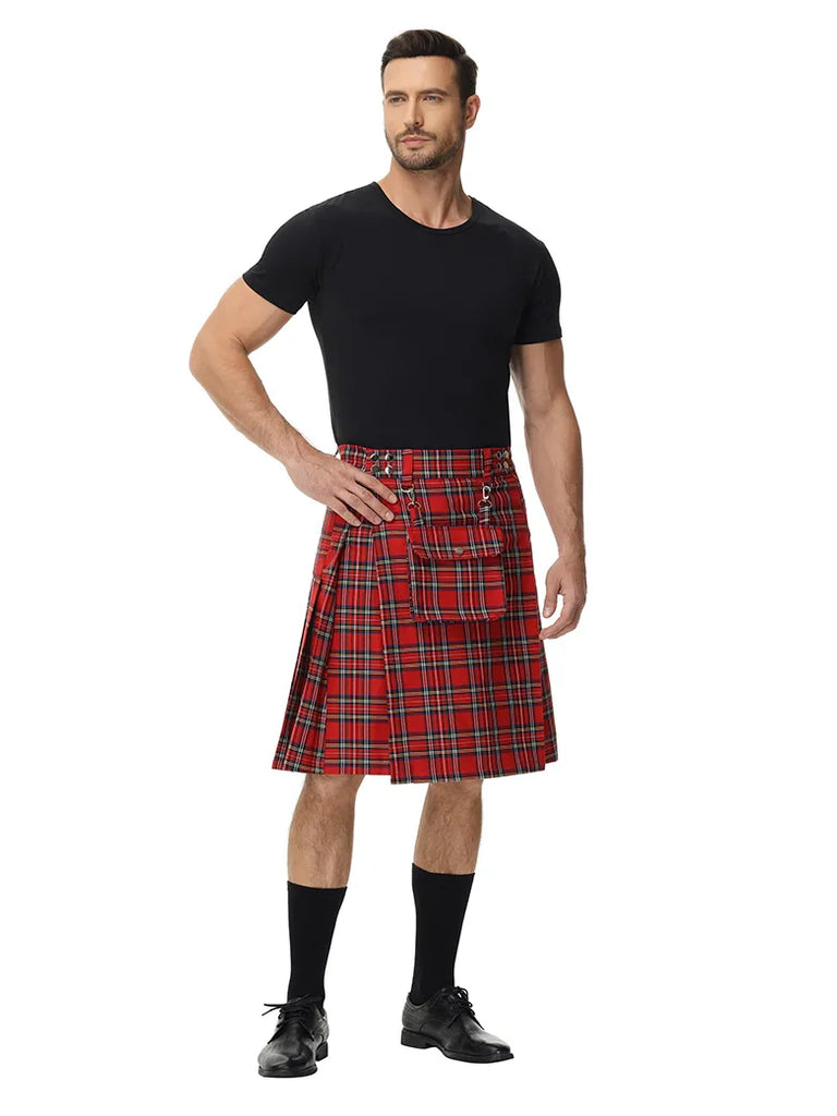 Scottish Mens Tartan Utility Kilt Pleated Midi Skirt with Bag SCARLET DARKNESS