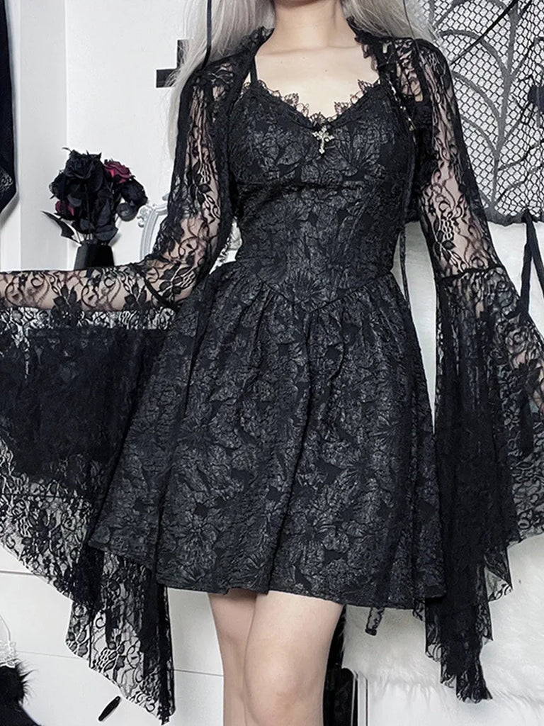Women Victorian Goth Style Black Bell Sleeves Lace Cardigan SCARLET DARKNESS