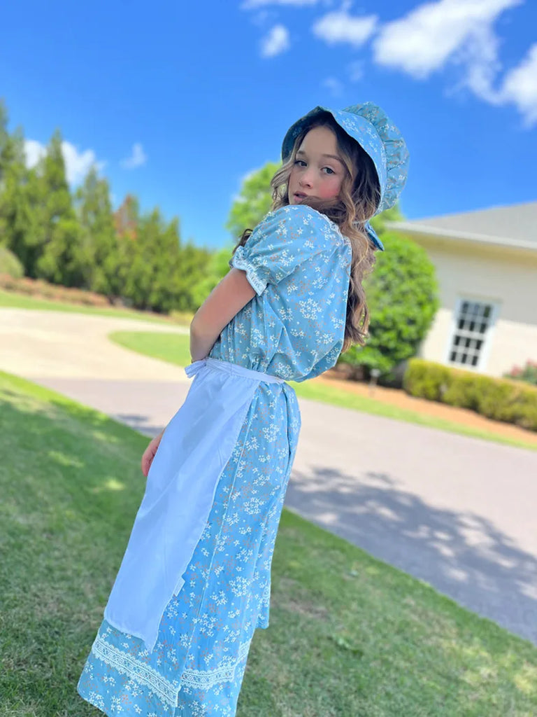 Girls Pioneer Colonial Costume Dress+Apron+Bonnet SCARLET DARKNESS