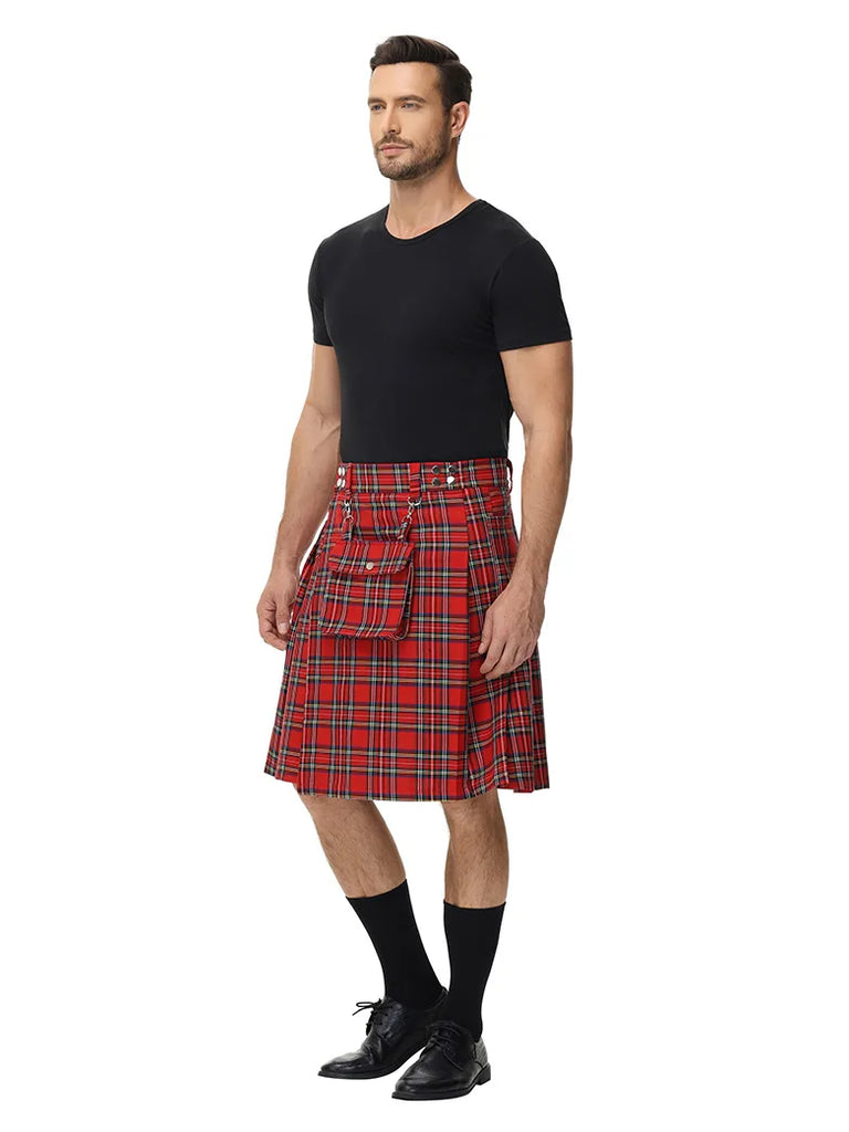 Scottish Mens Tartan Utility Kilt Pleated Midi Skirt with Bag SCARLET DARKNESS