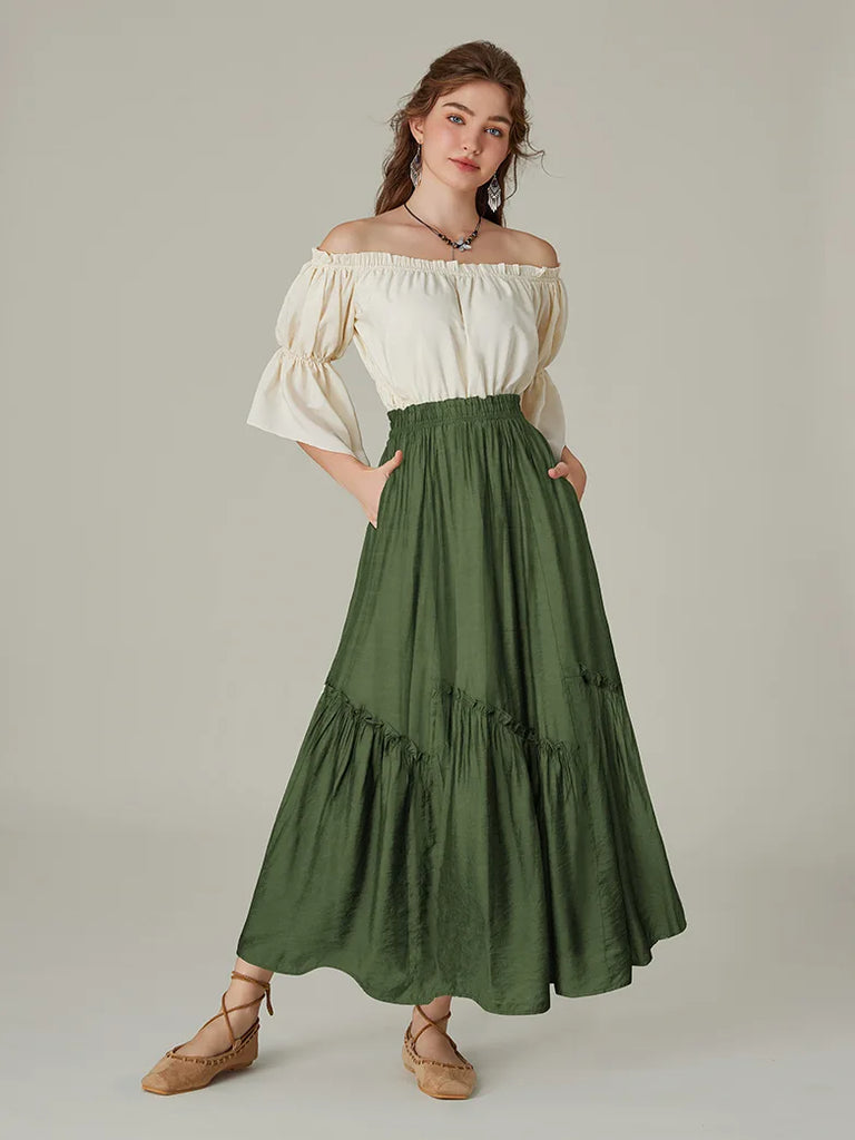 Women Renaissance Tiered Swing Pocket Maxi Skirt SCARLET DARKNESS