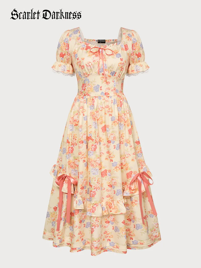 Women Victorian Garden Tea Party Ribbon Tiered Flared Dress SCARLET DARKNESS