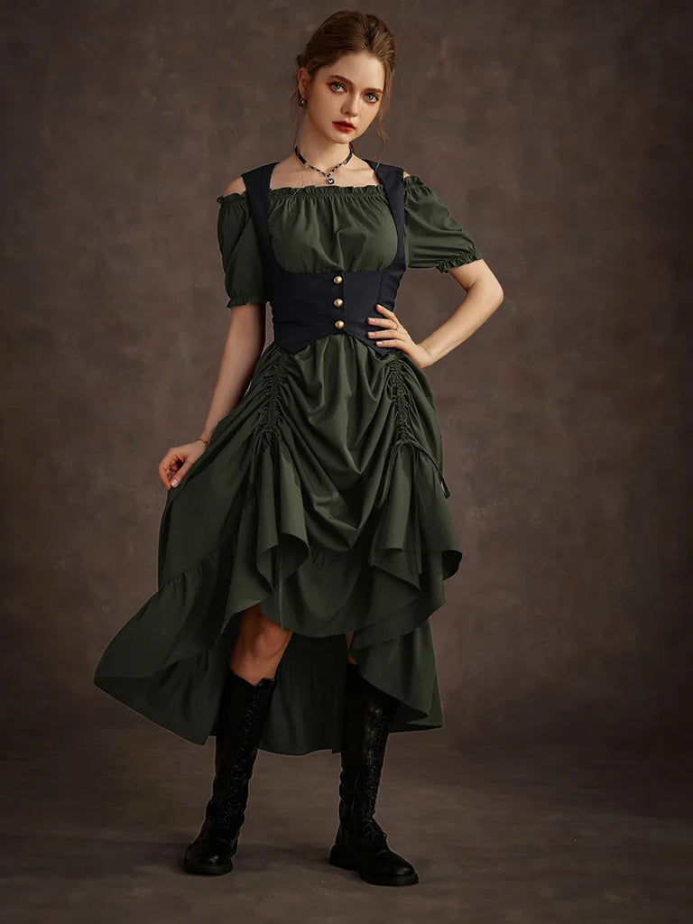 Steampunk Costume Off Shoulder Dress+Under-Bust Vest SCARLET DARKNESS