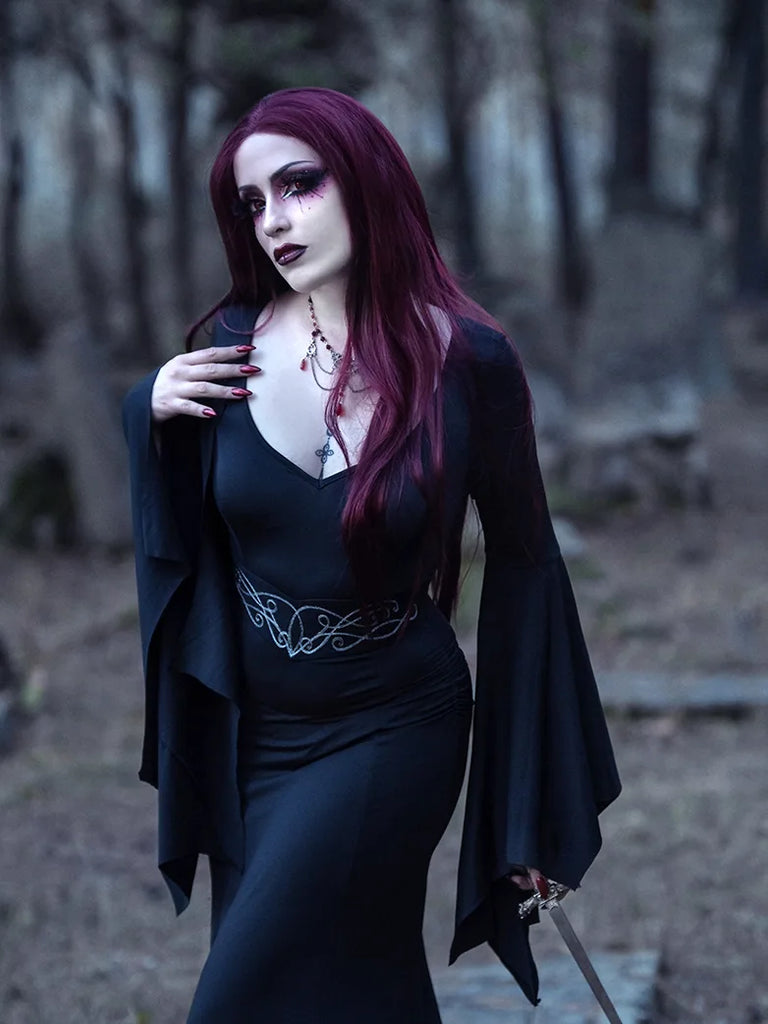 Morticia Addams Gothic Bat Sleeve Maxi Bodycon Dress SCARLET DARKNESS