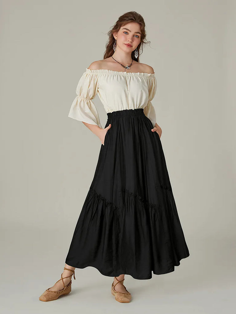 Women Renaissance Tiered Swing Pocket Maxi Skirt SCARLET DARKNESS