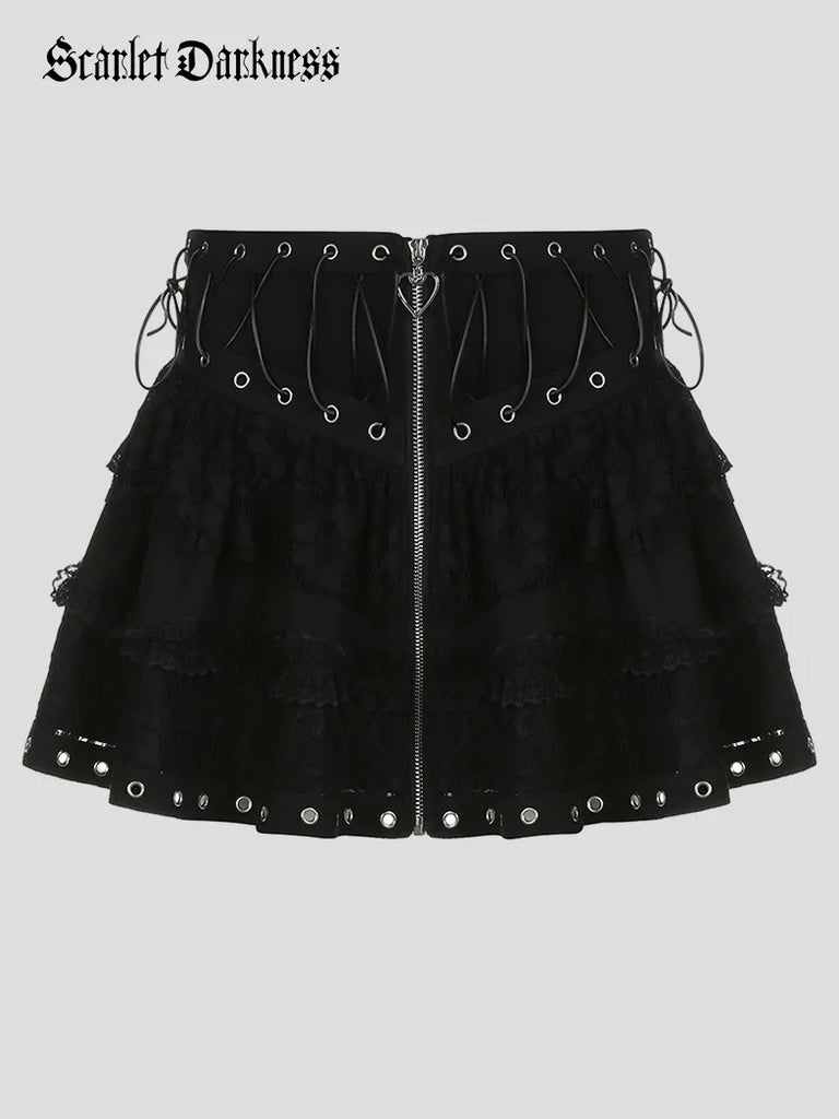 Scarlet Darkness Punk Mini Skirts Lace up Zipper Skirt SCARLET DARKNESS