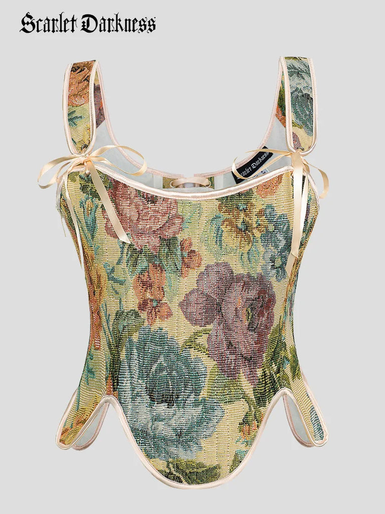 Fairy Cottagecore Corset Victorian Lace-up Irregular Hem Vest SCARLET DARKNESS