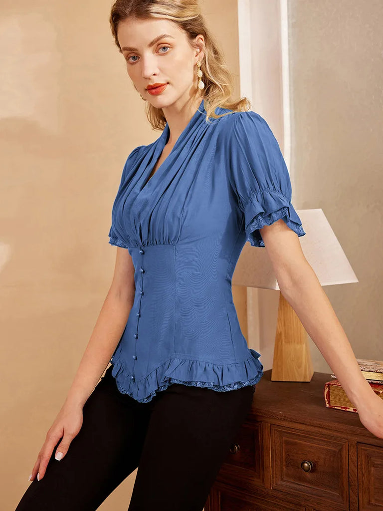 Women Victorian Pleated Shirt Lace Up Work Blouse SCARLET DARKNESS