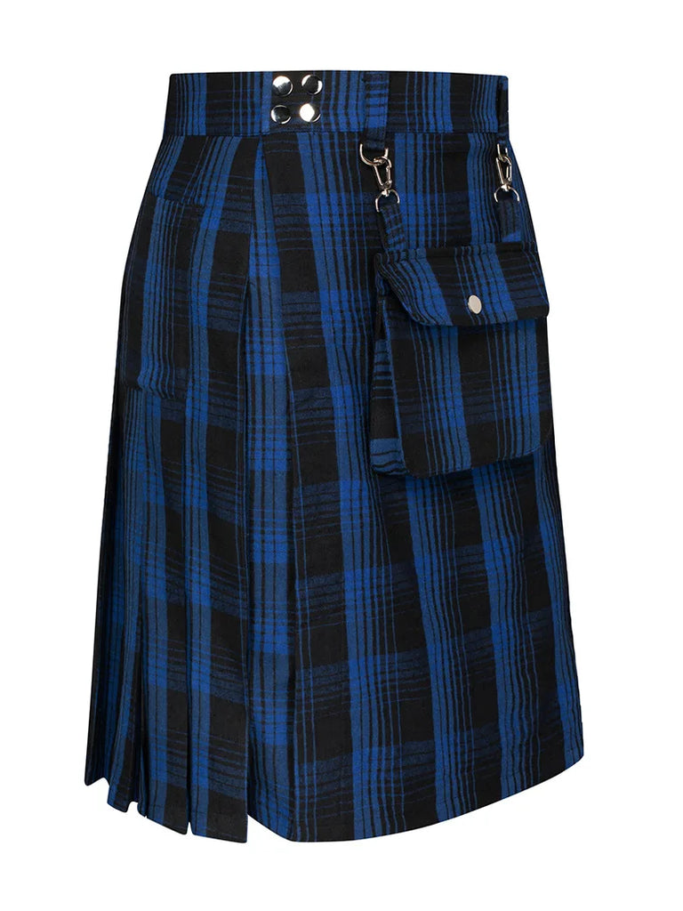 Scottish Mens Tartan Utility Kilt Pleated Midi Skirt with Bag SCARLET DARKNESS