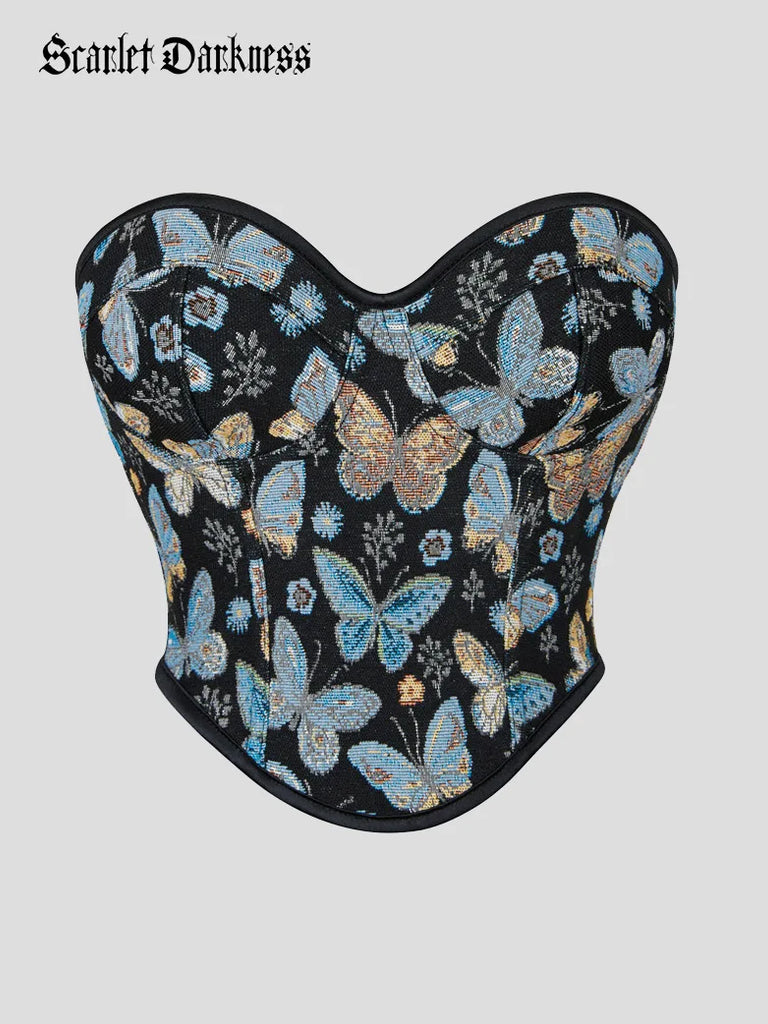 Women Renaissance Blue Butterfly Jacquard Corsets SCARLET DARKNESS