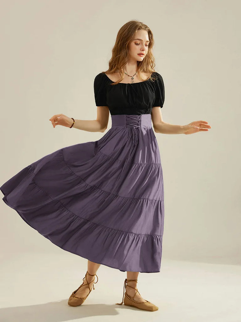 Women Renaissance Tiered Swing Skirt with Pocket SCARLET DARKNESS