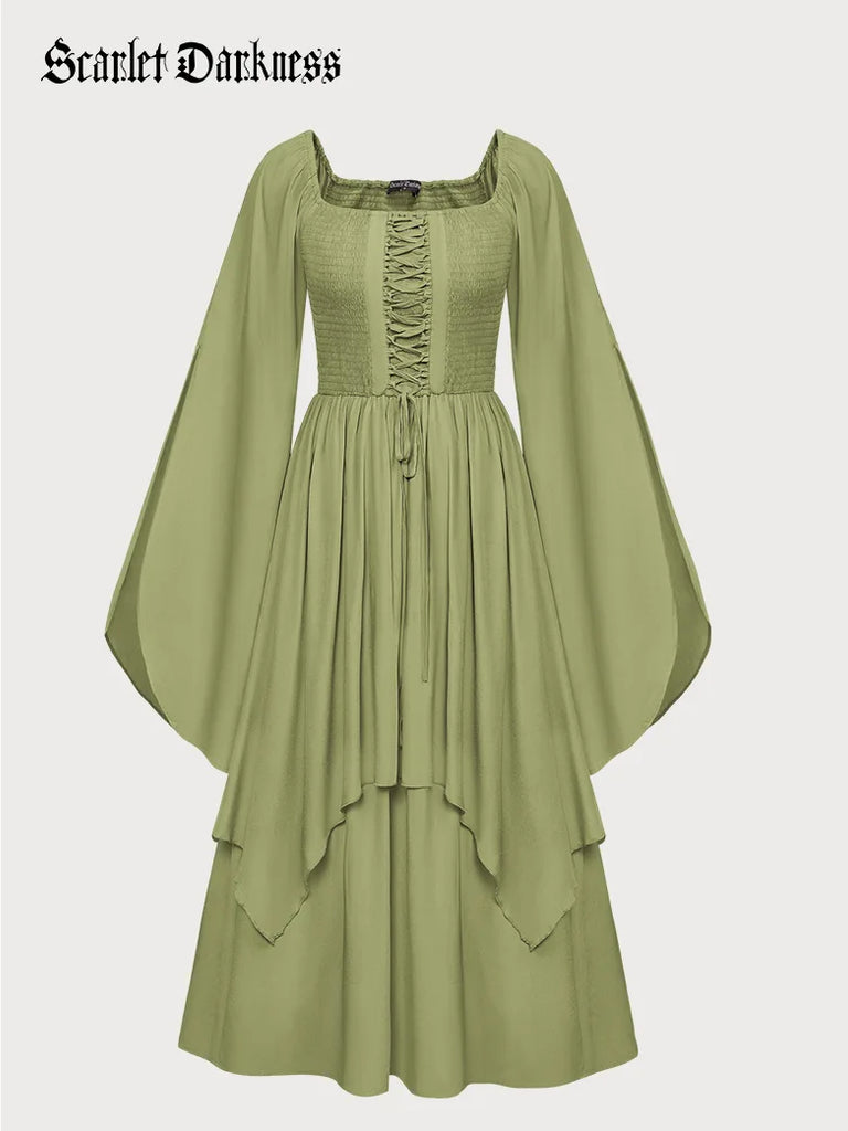 Renaissance Midi Dress Dual-Layer Swing Skirt Dress SCARLET DARKNESS