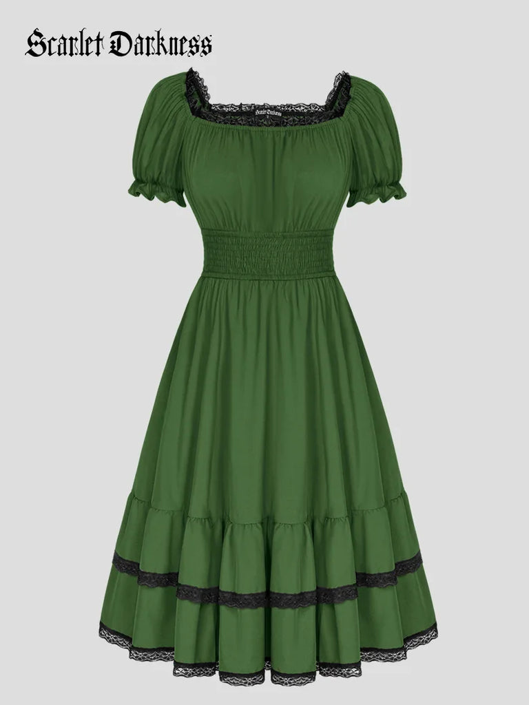 Steampunk Striped Elastic Waist Tiered Dress with Pocket SCARLET DARKNESS