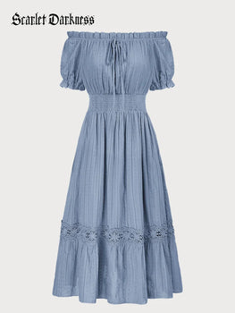 Women Renaissance Cotton Dress Off Shoulder Flared A-Line Dress