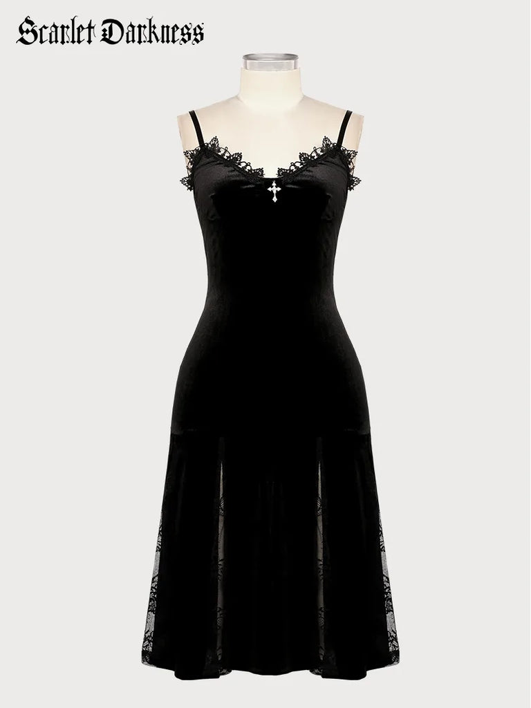 Women Victorian Gothic Style Black Lace Velvet Slip Dress SCARLET DARKNESS