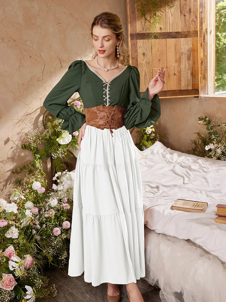 Renaissance Tiered Maxi Skirt Elastic High Waist Swing Skirt SCARLET DARKNESS