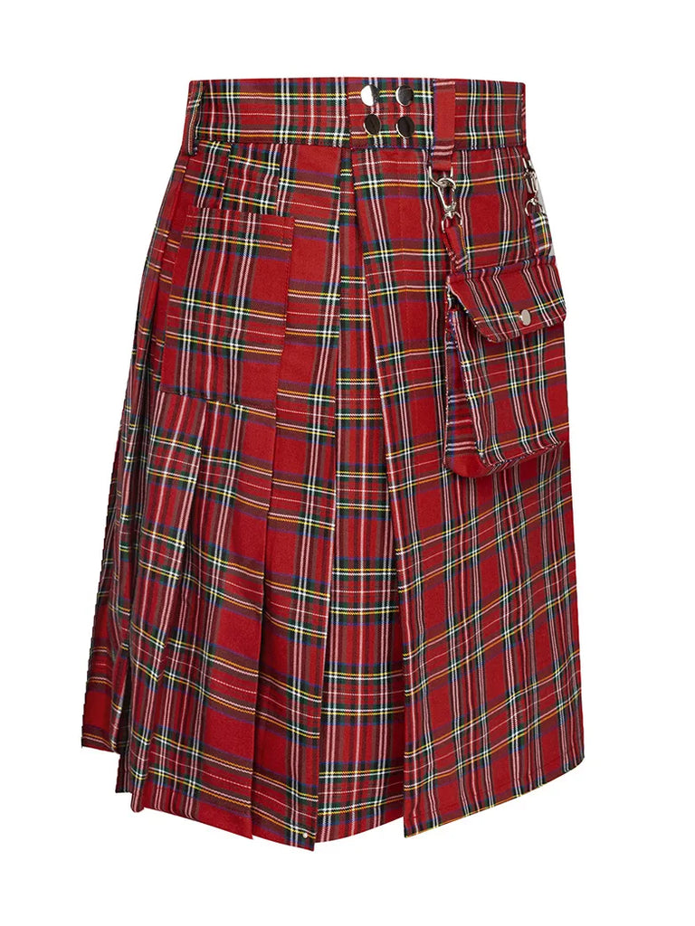 Scottish Mens Tartan Utility Kilt Pleated Midi Skirt with Bag SCARLET DARKNESS