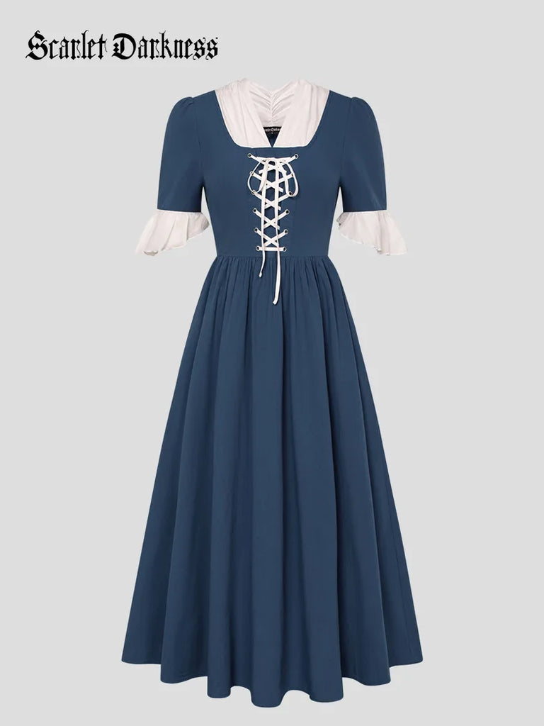 Women Colonial and Pioneer Lace up Maxi Dress with Pocket SCARLET DARKNESS