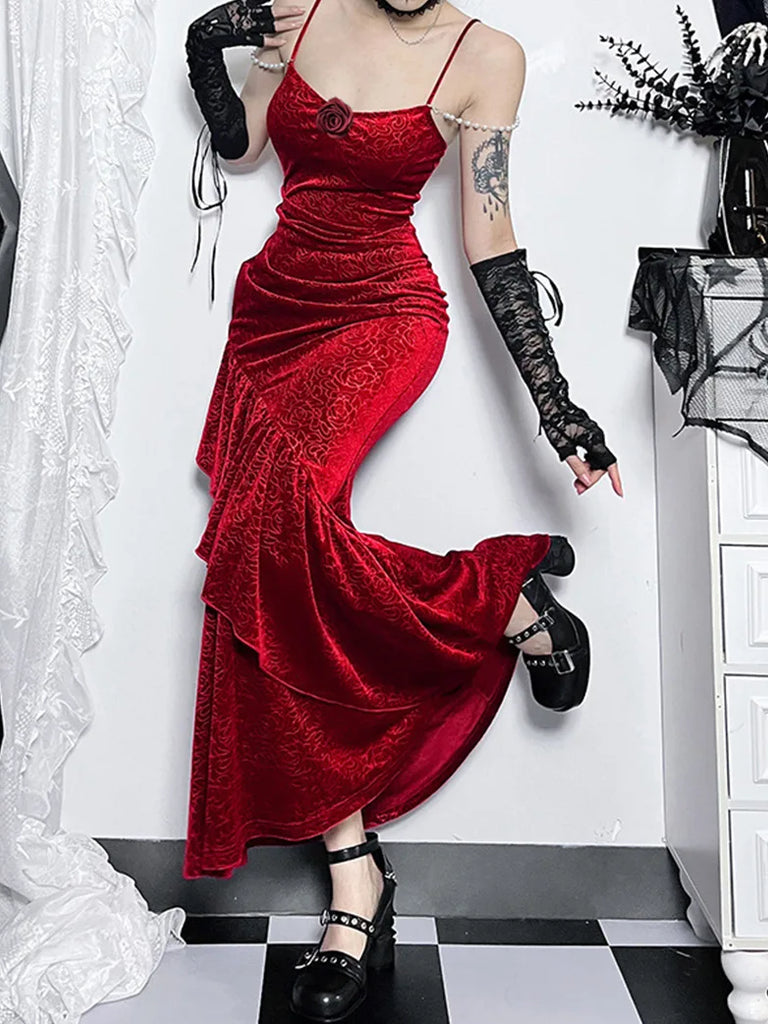 Women Gothic Style Christmas Velvet Rose Bodycon Dress SCARLET DARKNESS