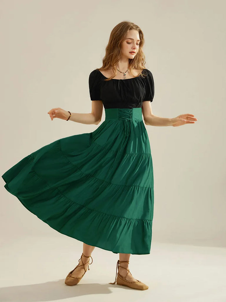 Women Renaissance Tiered Swing Skirt with Pocket SCARLET DARKNESS