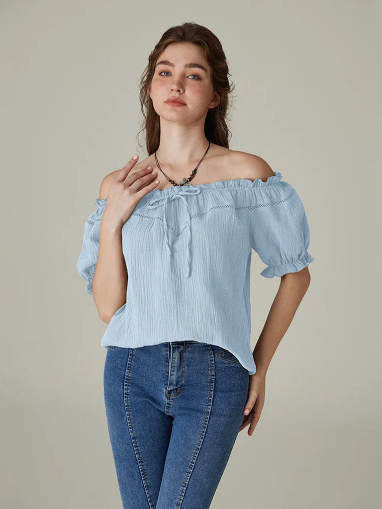 SCARLET DARKNESSRenaissance Cotton Tops Crew Neck Off Shoulder Lace-up Tops