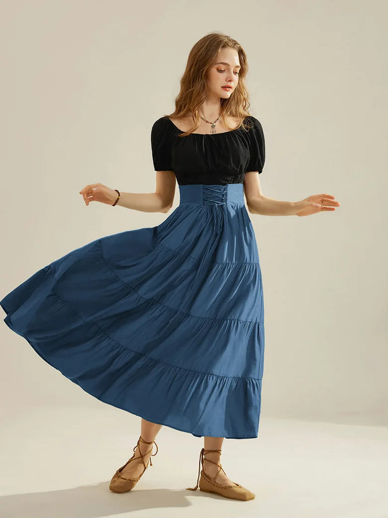 Women Renaissance Tiered Swing Skirt with Pocket SCARLET DARKNESS