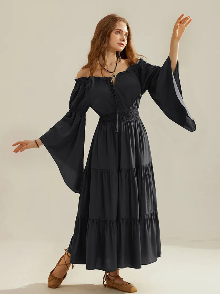 Women Tiered Maxi Dress Off-Shoulder Pocket Dress SCARLET DARKNESS