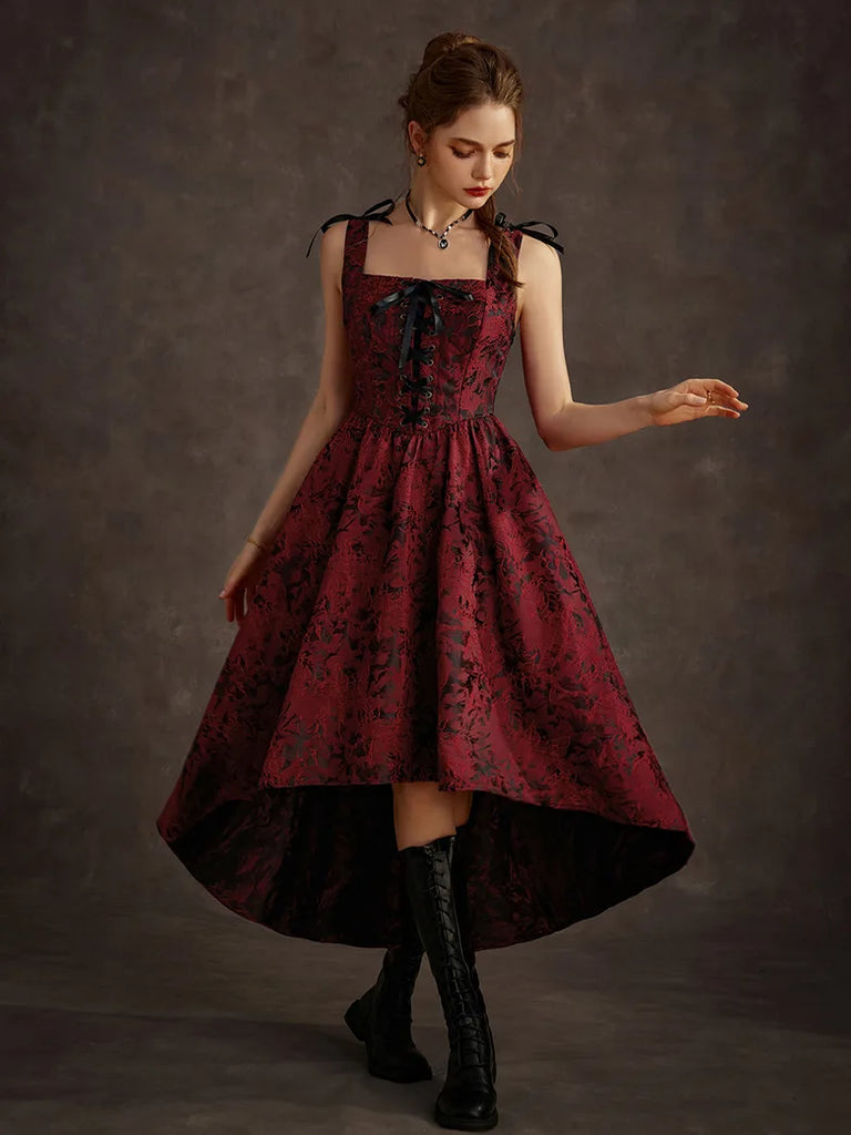 Women Victorian Gothic High-Lo Dress Jacquard Thorn Rose Dress SCARLET DARKNESS