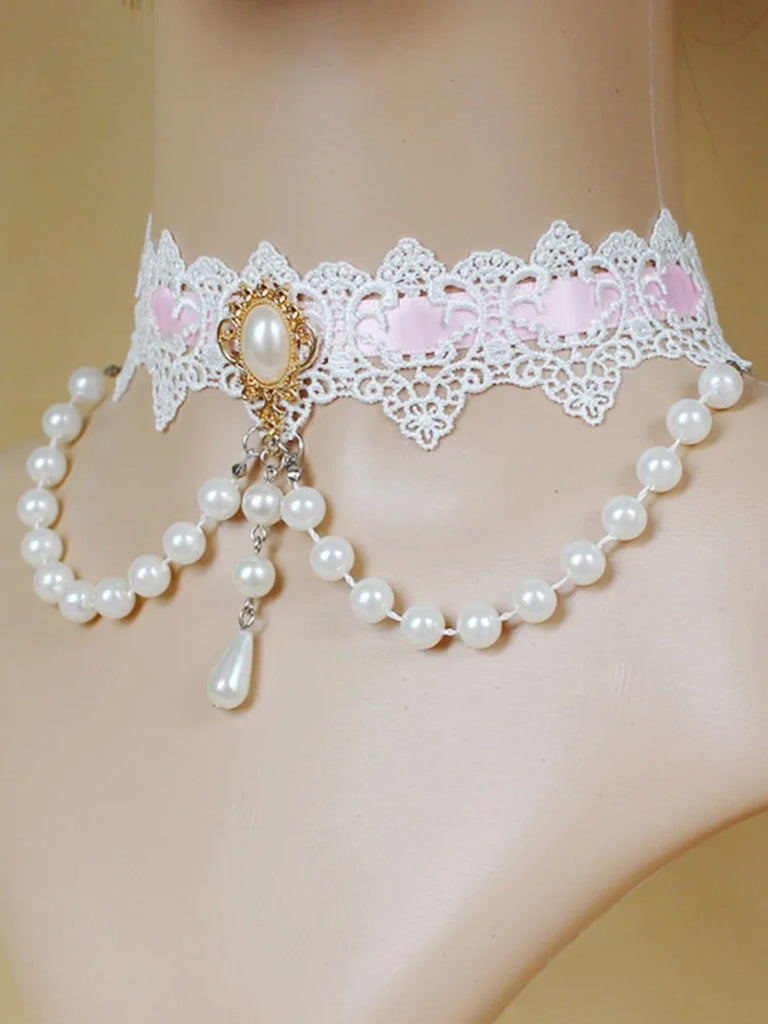 Scarlet Darkness Classic Victorian Pearl and Lace Pink Choker SCARLET DARKNESS