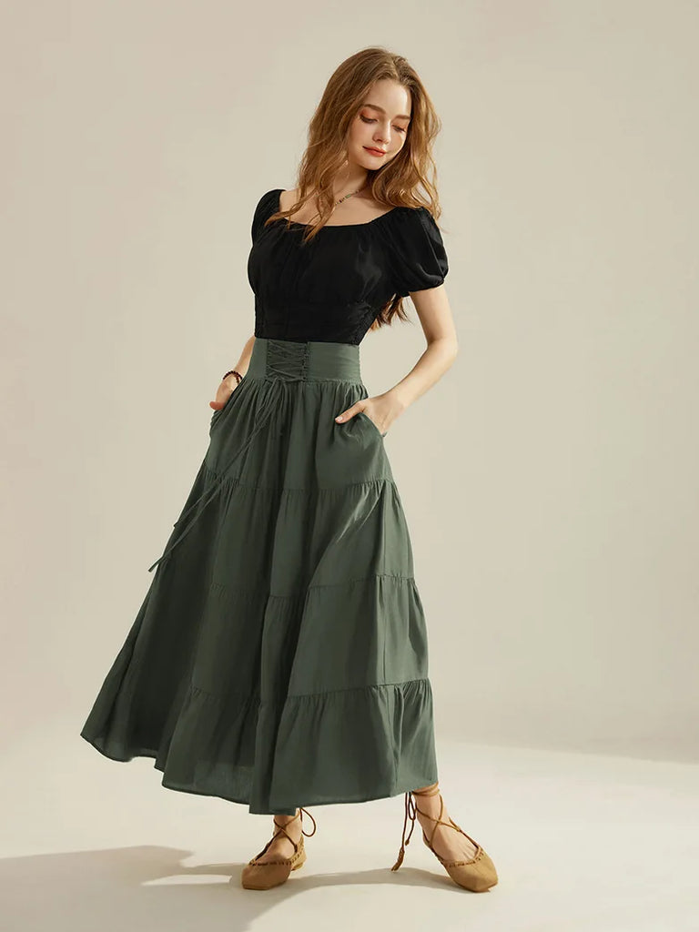 Women Renaissance Tiered Swing Skirt with Pocket SCARLET DARKNESS