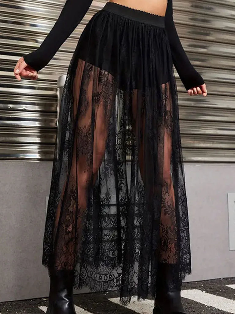 Gothic Long Skirts Lace Sexy Mesh Overskirt with Mini Shorts SCARLET DARKNESS