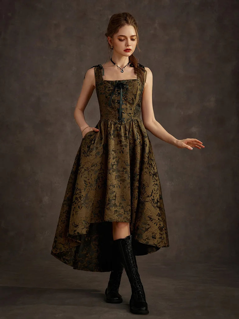 Women Victorian Gothic High-Lo Dress Jacquard Thorn Rose Dress SCARLET DARKNESS