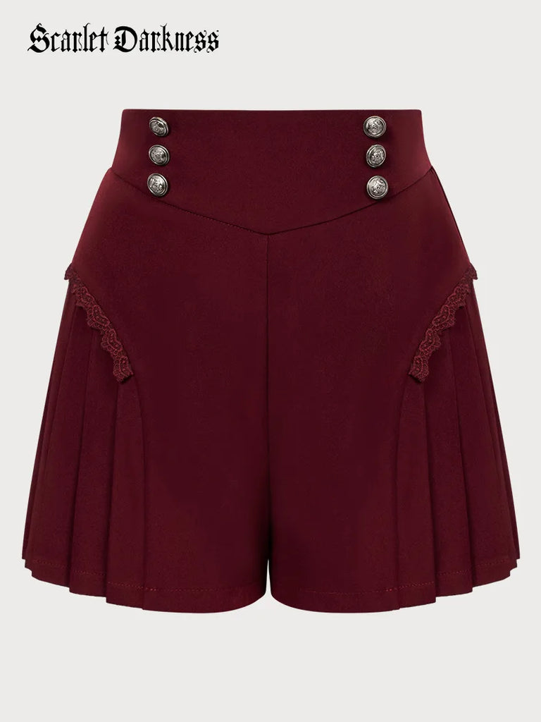 Women Pleated Wide-Leg Shorts Elastic Mid-Thigh Shorts SCARLET DARKNESS