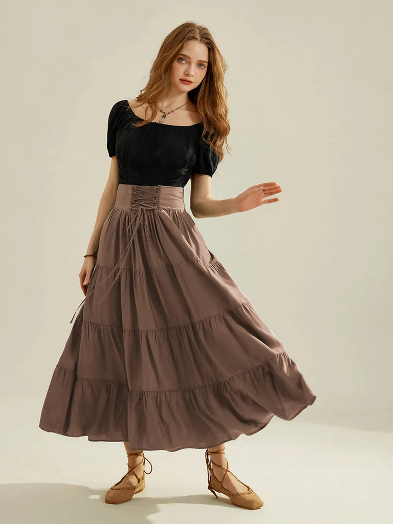 Women Renaissance Tiered Swing Skirt with Pocket SCARLET DARKNESS