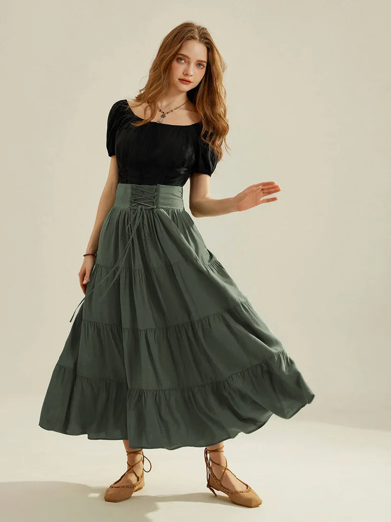 Women Renaissance Tiered Swing Skirt with Pocket SCARLET DARKNESS