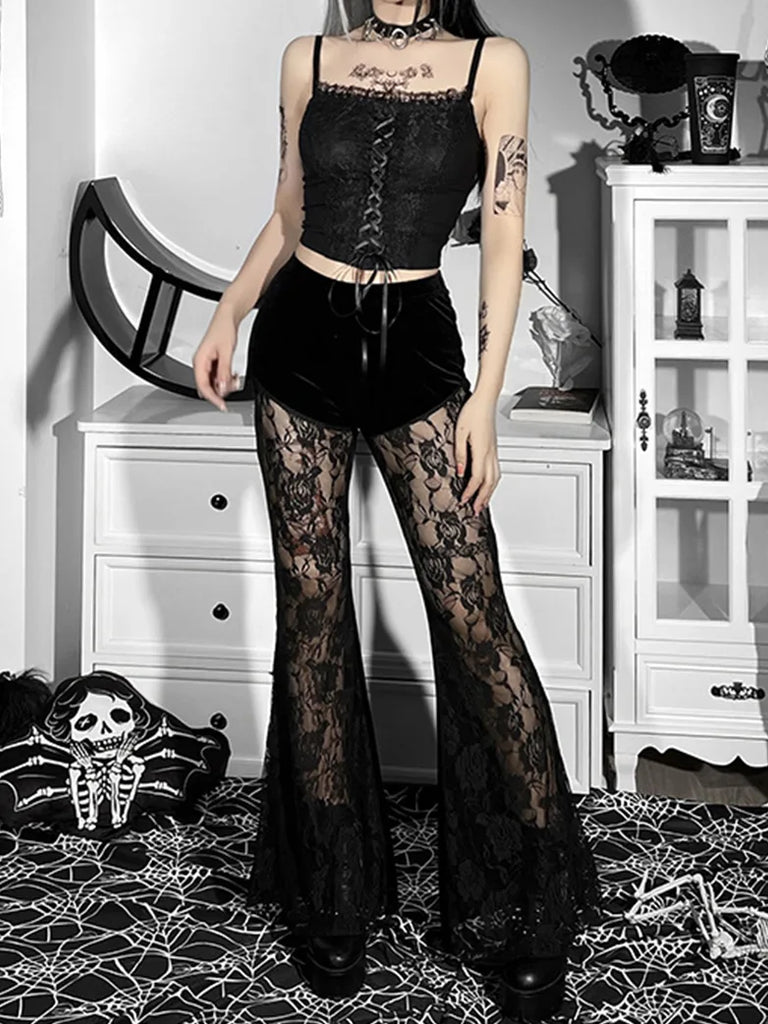 Women Victorian Goth Style Black Lace Velvet Flared Trousers SCARLET DARKNESS