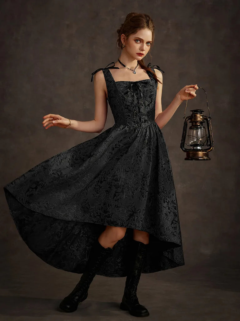 Women Victorian Gothic High-Lo Dress Jacquard Thorn Rose Dress SCARLET DARKNESS