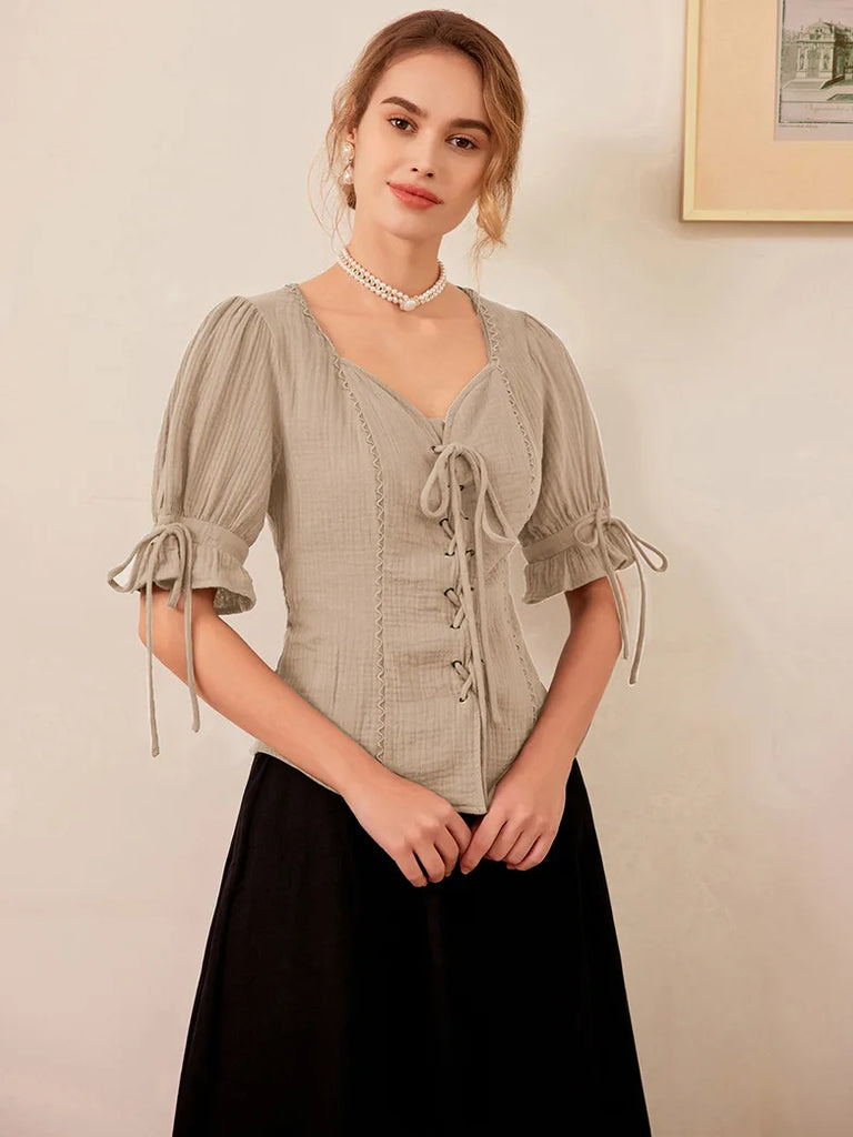 Sweetheart Collar Comfy Cotton Lacing Tops SCARLET DARKNESS