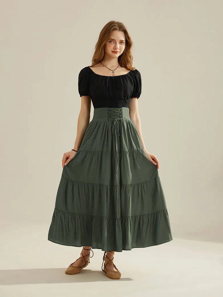 Women Renaissance Tiered Swing Skirt with Pocket SCARLET DARKNESS