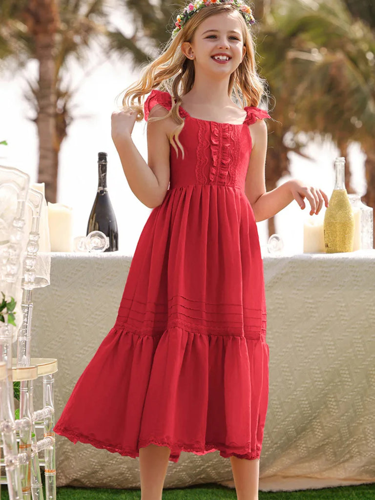 Kids Flying Sleeves Lace Hem Tiered  Maxi Dress Scarlet Darkness