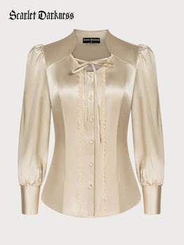 Women Victorian Shirt Long Sleeve V-Neck Button-up Soft Tops