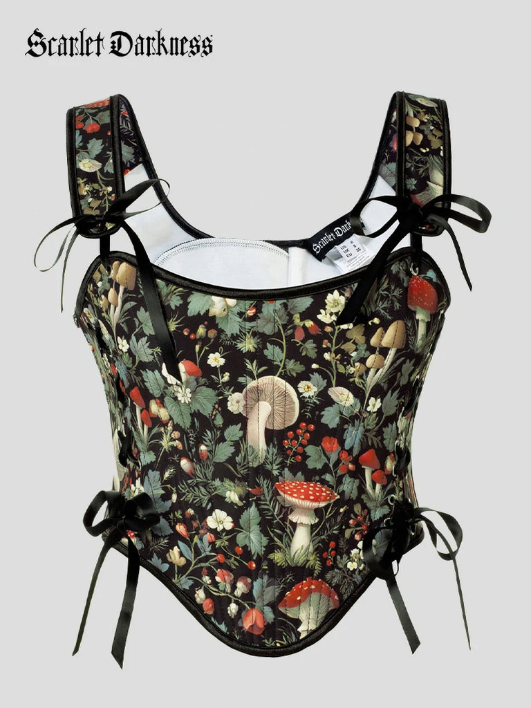 Scarlet Darkness Renaissance Lace-up Corset Top with Hand-drawn Patterns Dark green