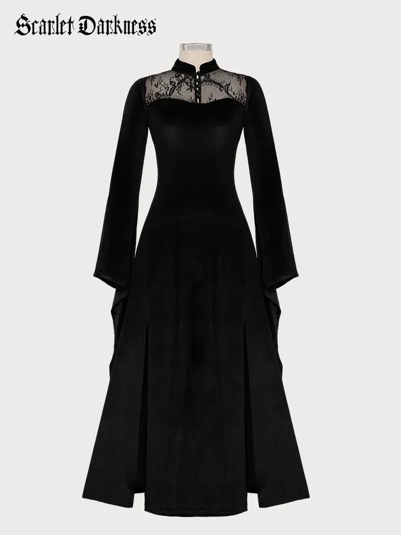 Victorian Gothic Buttons Black Stand Collar Lace Velvet Slit Dress