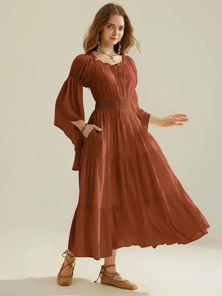 Women Tiered Maxi Dress Off-Shoulder Pocket Dress SCARLET DARKNESS