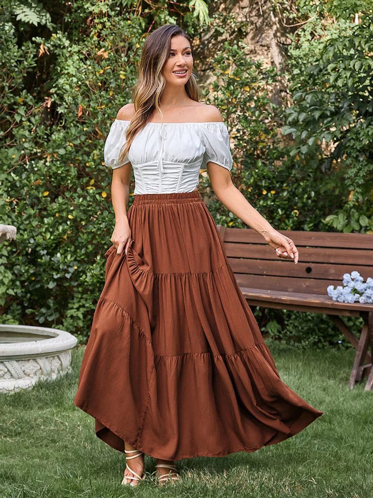 Tiered Elastic High Waist Swing Skirt with Pocket SCARLET DARKNESS