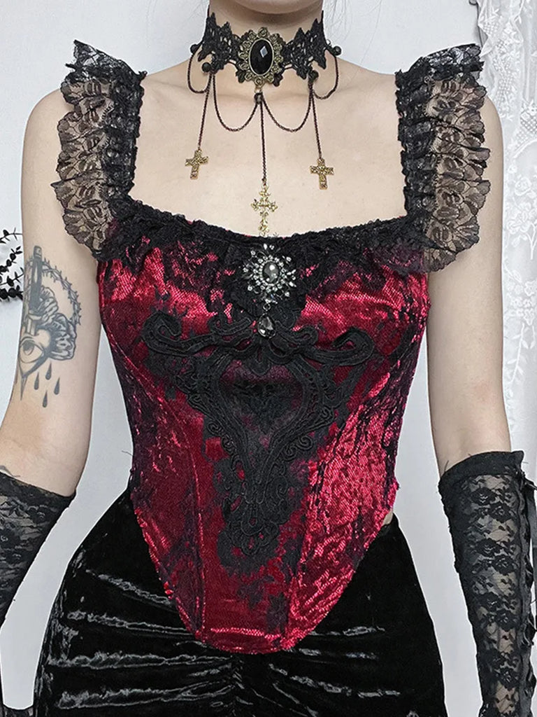 Women Masquerade Gothic Lace Floral Patch Bustier Tops SCARLET DARKNESS