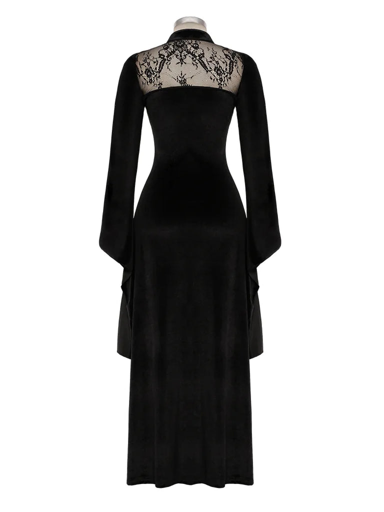 Victorian Gothic Buttons Black Stand Collar Lace Velvet Slit Dress SCARLET DARKNESS